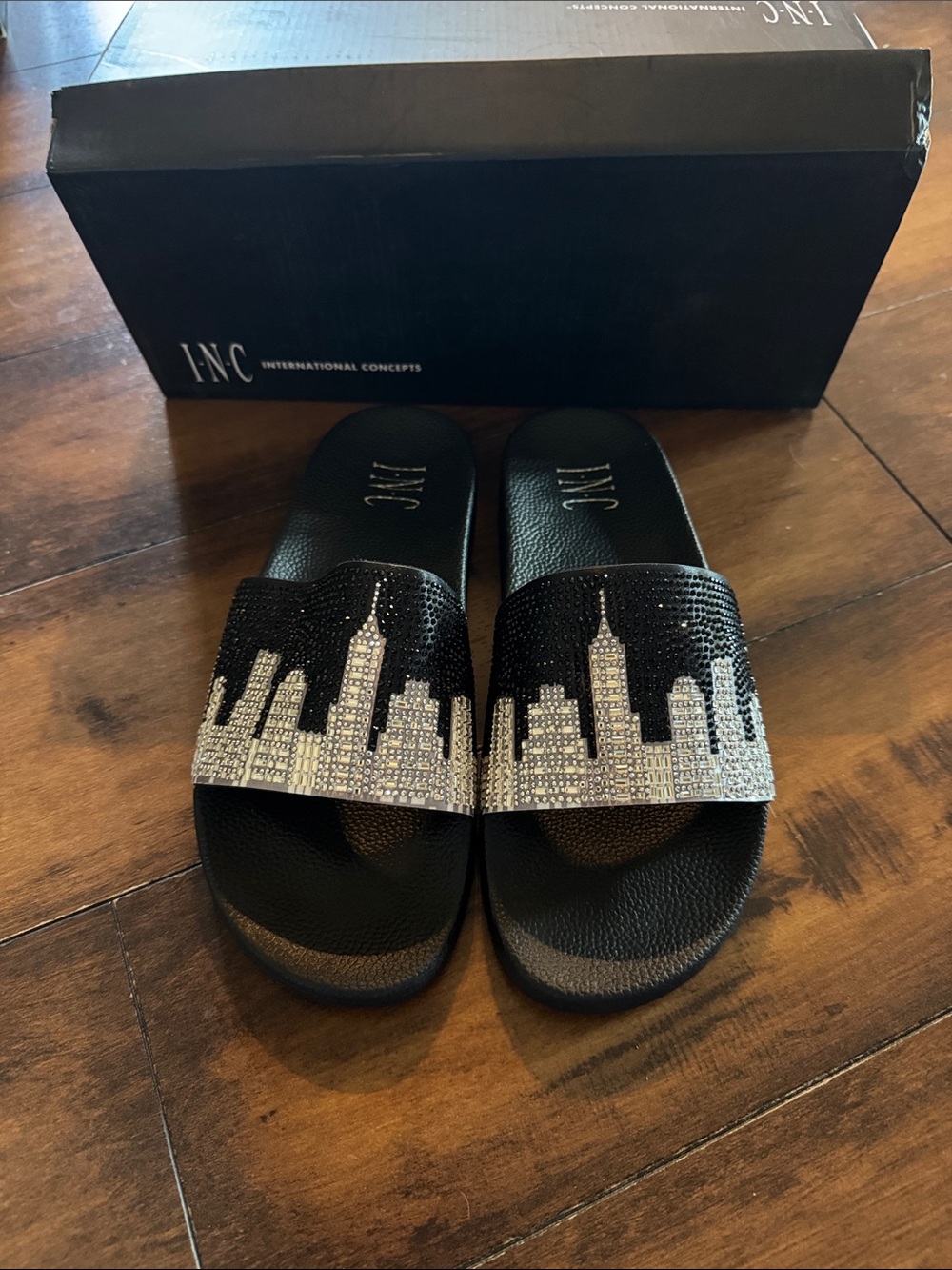 INC International Concepts Black Slide Sandals with Silver Rhinestone Cityscape